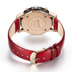 MEGIR 2042 women's chronograph watch caseback with engravings and red leather strap with rose-gold buckle