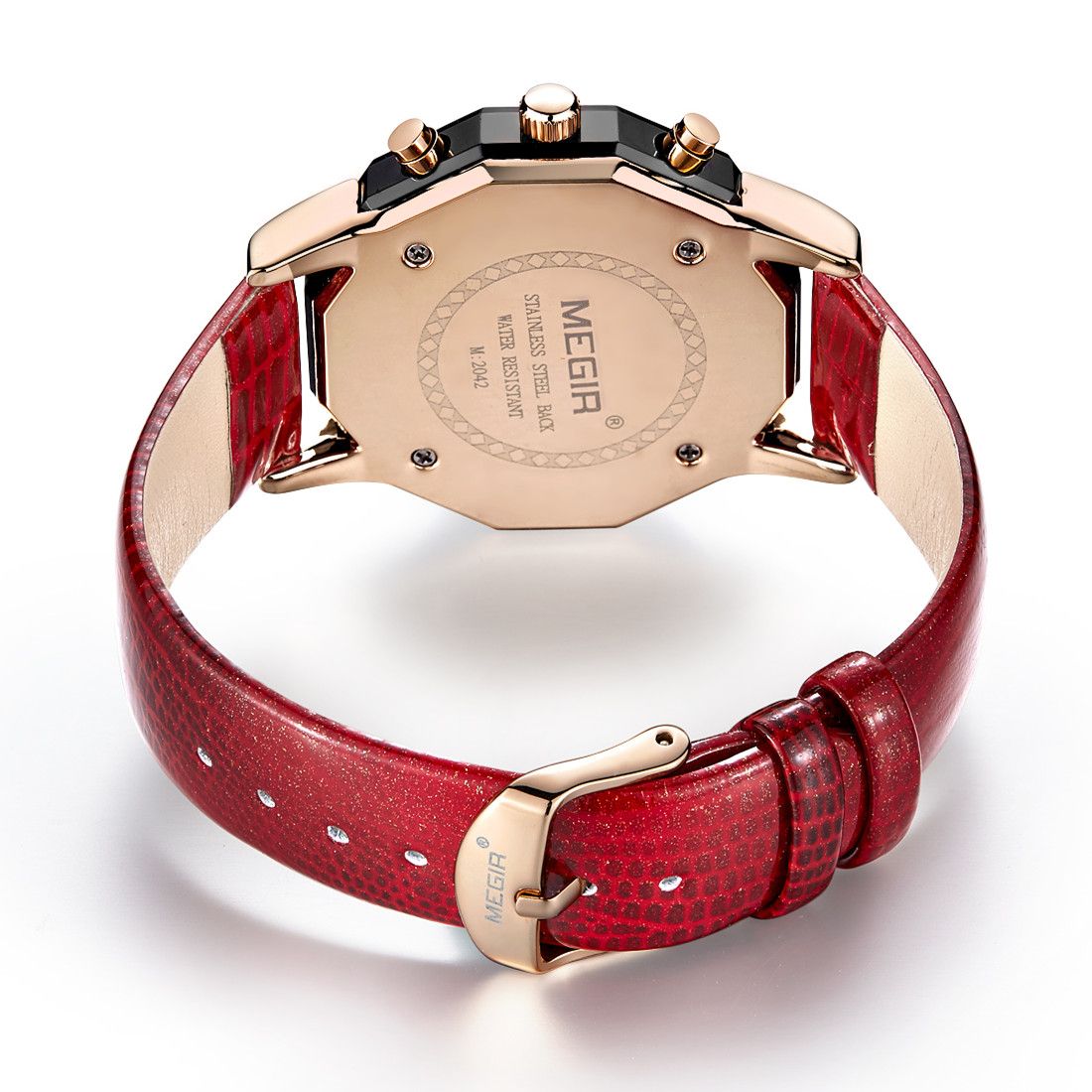 MEGIR 2042 women's chronograph watch caseback with engravings and red leather strap with rose-gold buckle