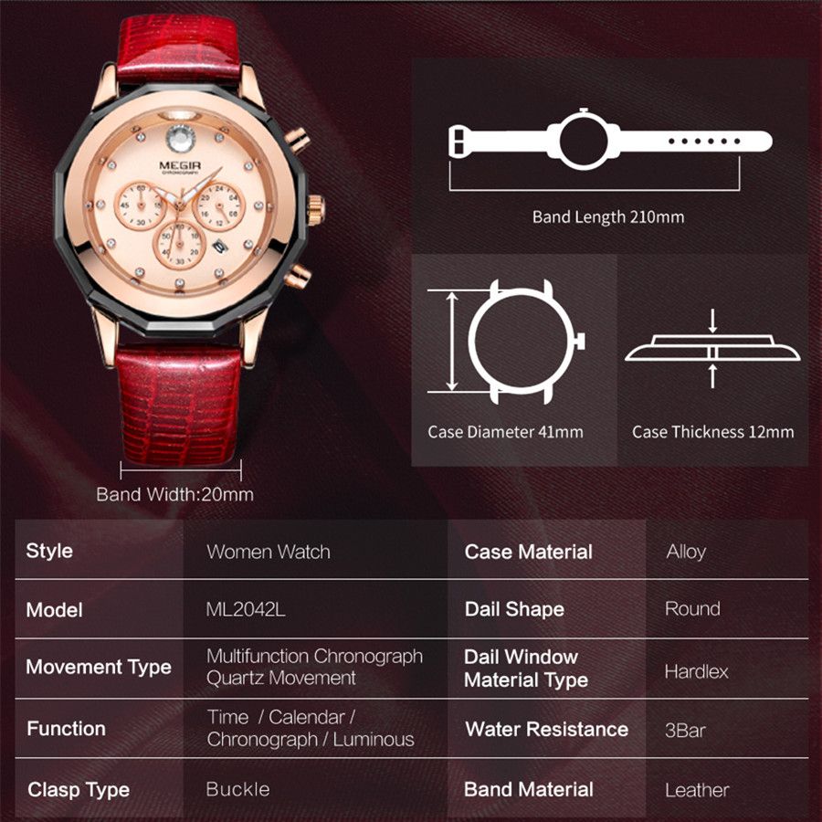 MEGIR 2042 women's chronograph watch parameters graphic with case diameter, thickness and band length