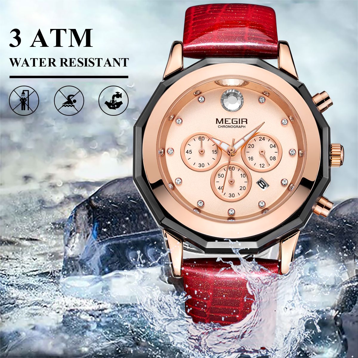 MEGIR 2042 women's chronograph watch water-resistance graphic noting no swimming or showering