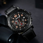 MEGIR 2048 men's chronograph watch, all-black case with black dial and black leather strap, angled view