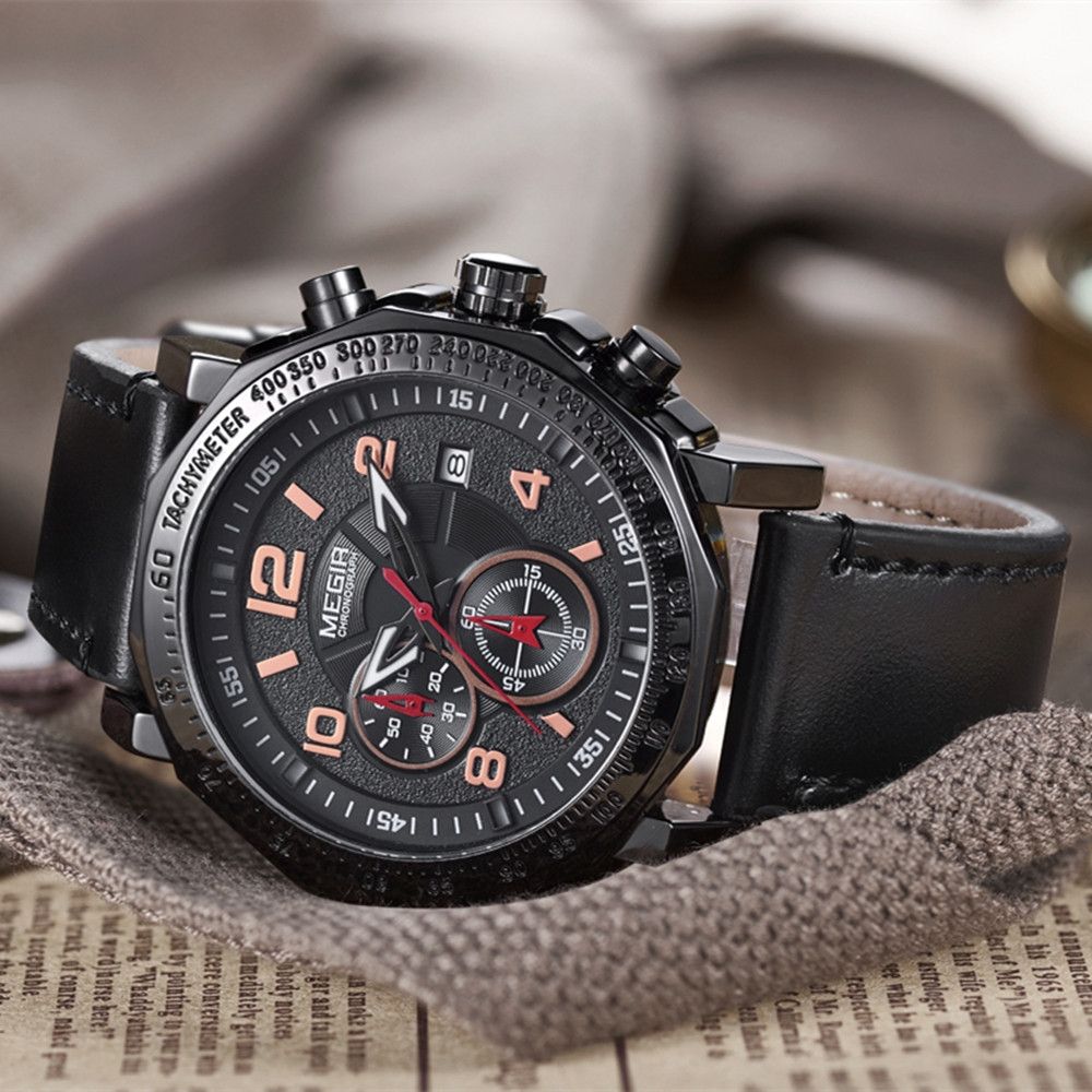 MEGIR 2048 men's chronograph watch, all-black case with black dial and black leather strap, three-quarter view