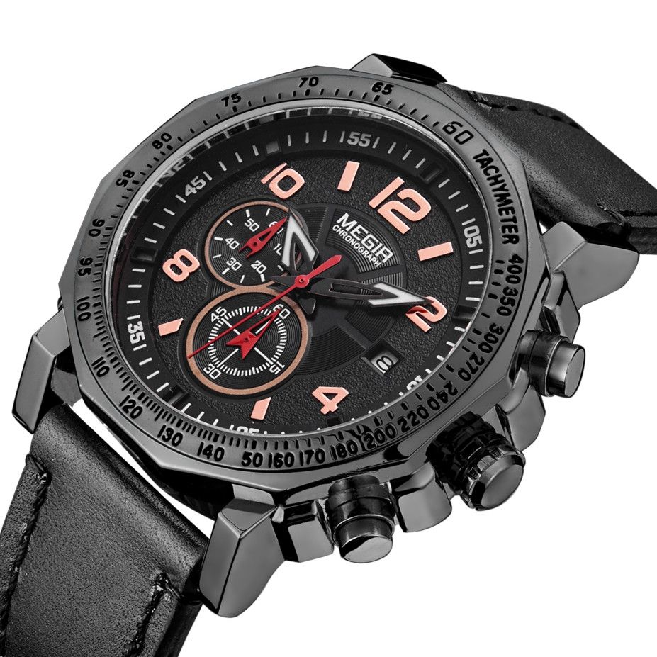 MEGIR 2048 men's chronograph watch, all-black case with black dial and black leather strap, side angle view
