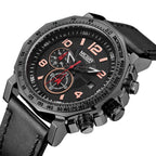 MEGIR 2048 men's chronograph watch, all-black case with black dial and black leather strap, side angle view