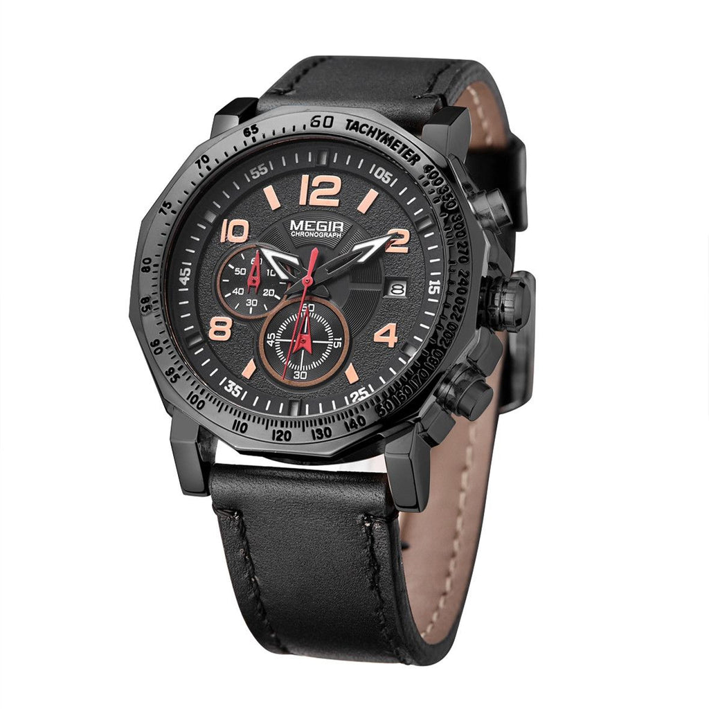 MEGIR 2048 men's chronograph watch, all-black case with black dial and black leather strap, front angle view