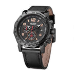 MEGIR 2048 men's chronograph watch, all-black case with black dial and black leather strap, front angle view