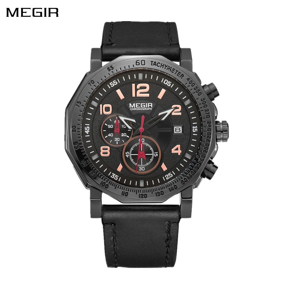 MEGIR 2048 men's chronograph watch, all-black case with black dial, rose-gold numerals and black leather strap, front view