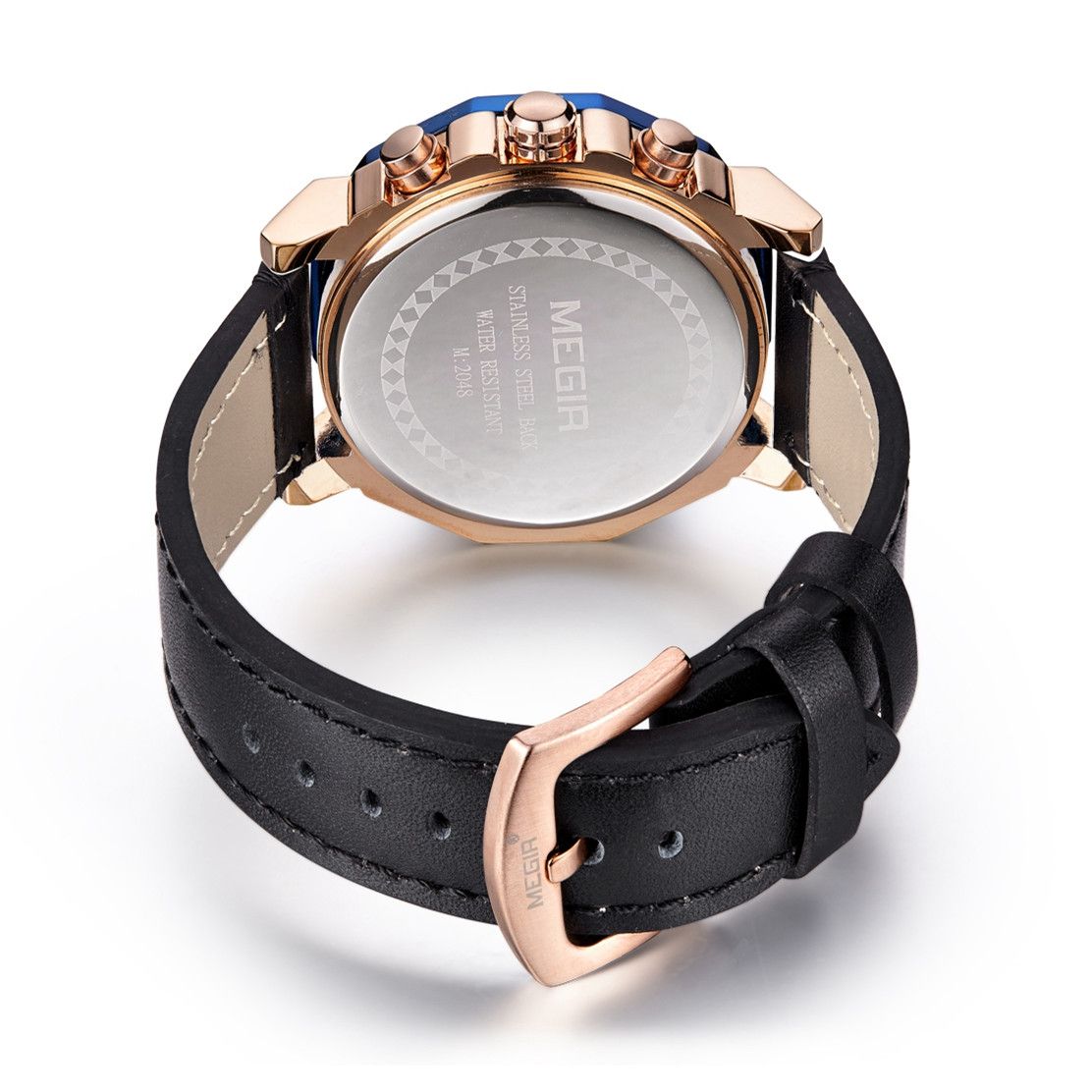 MEGIR 2048 men's chronograph watch caseback with engravings and black leather strap with rose-gold buckle