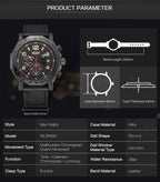 MEGIR 2048 men's chronograph watch parameters graphic with case diameter, thickness and band length