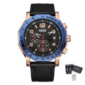 MEGIR 2048 men's chronograph watch, rose-gold case with blue bezel, black dial and black leather strap, with gift box