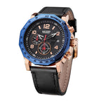 MEGIR 2048 men's chronograph watch, rose-gold case with blue bezel, black dial and black leather strap, angled view