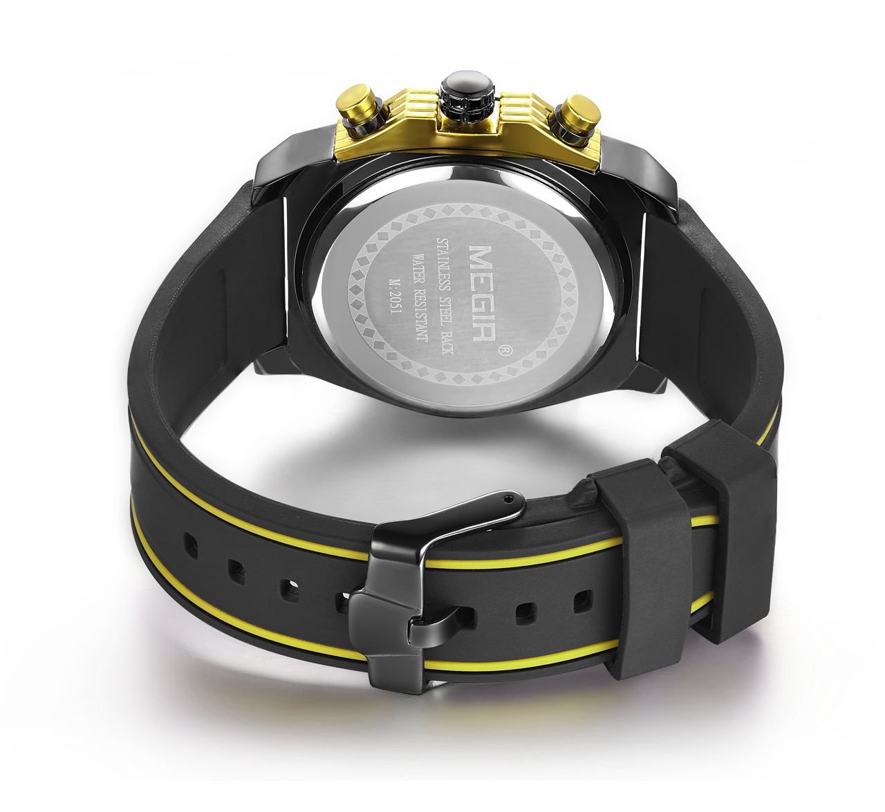 MEGIR 2051 men's chronograph watch caseback with engravings and black and yellow silicone strap with buckle