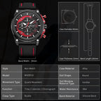 MEGIR 2051 men's chronograph watch parameters graphic with case diameter, thickness, band width and length