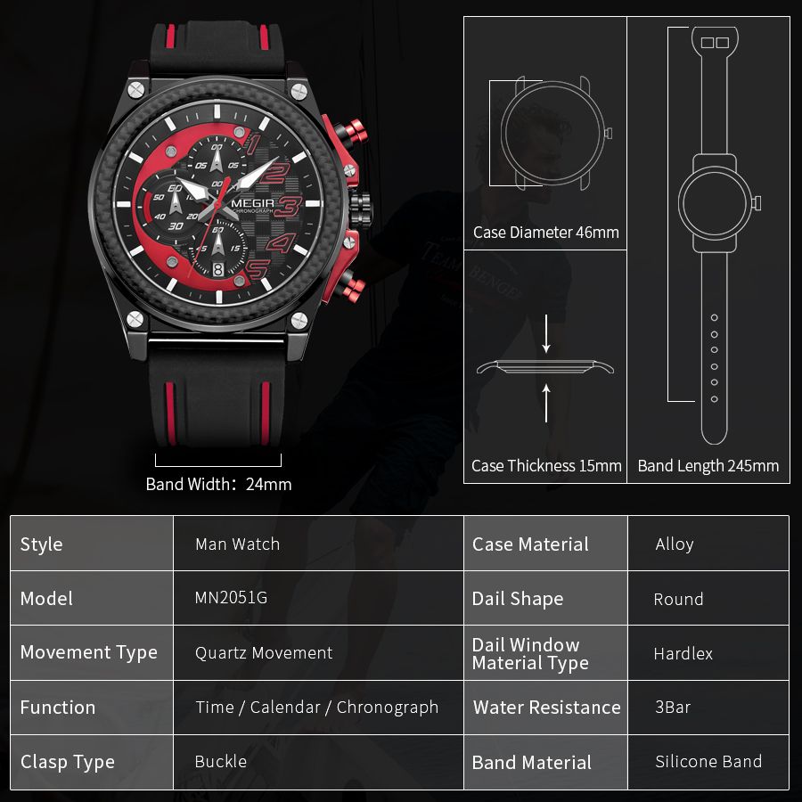 MEGIR 2051 men's chronograph watch parameters graphic with case diameter, thickness, band width and length