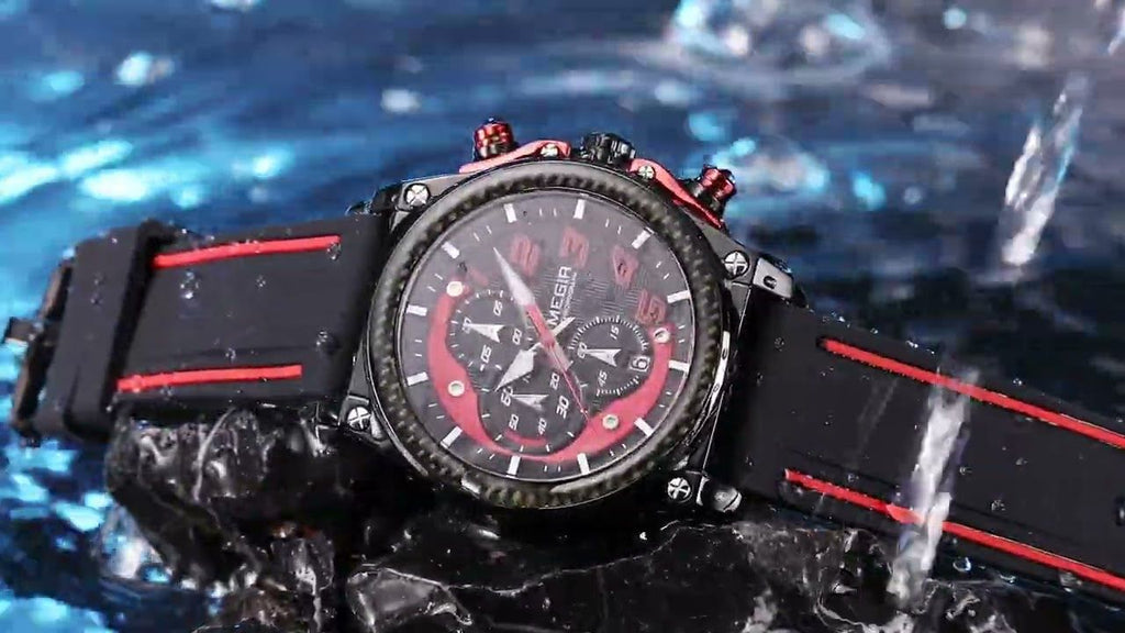 MEGIR 2051 men's chronograph watch product video thumbnail, black case with red accents on a wet surface