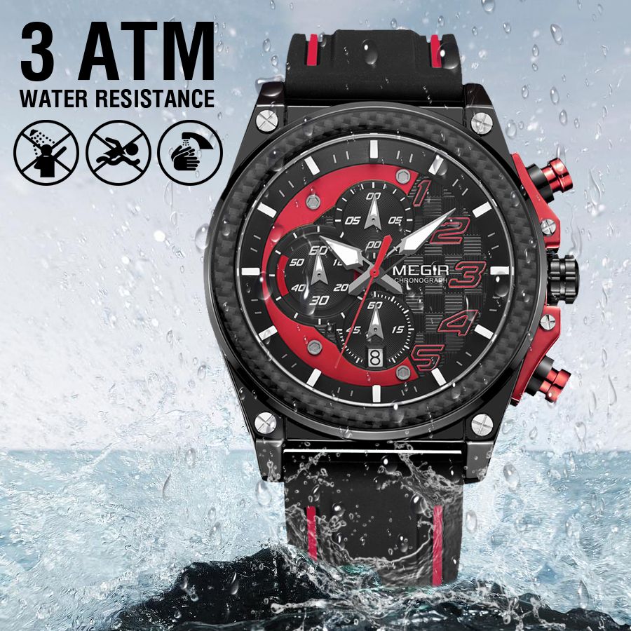 MEGIR 2051 men's chronograph watch water-resistance graphic noting no swimming or showering