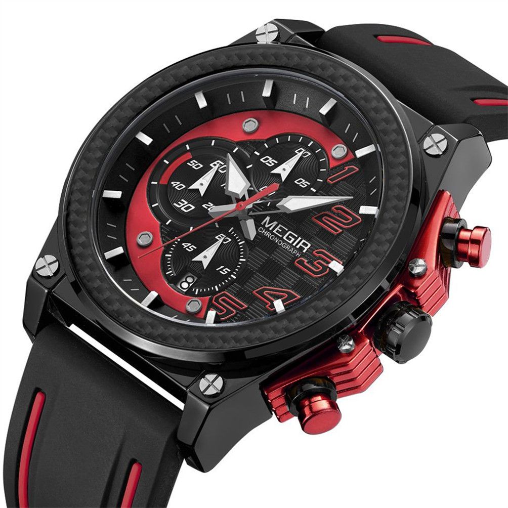 MEGIR 2051 men's chronograph watch, black case with red accents and black and red silicone strap, angled view