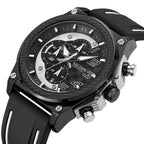 MEGIR 2051 men's chronograph watch, black case with white accents and black and white silicone strap, angled view