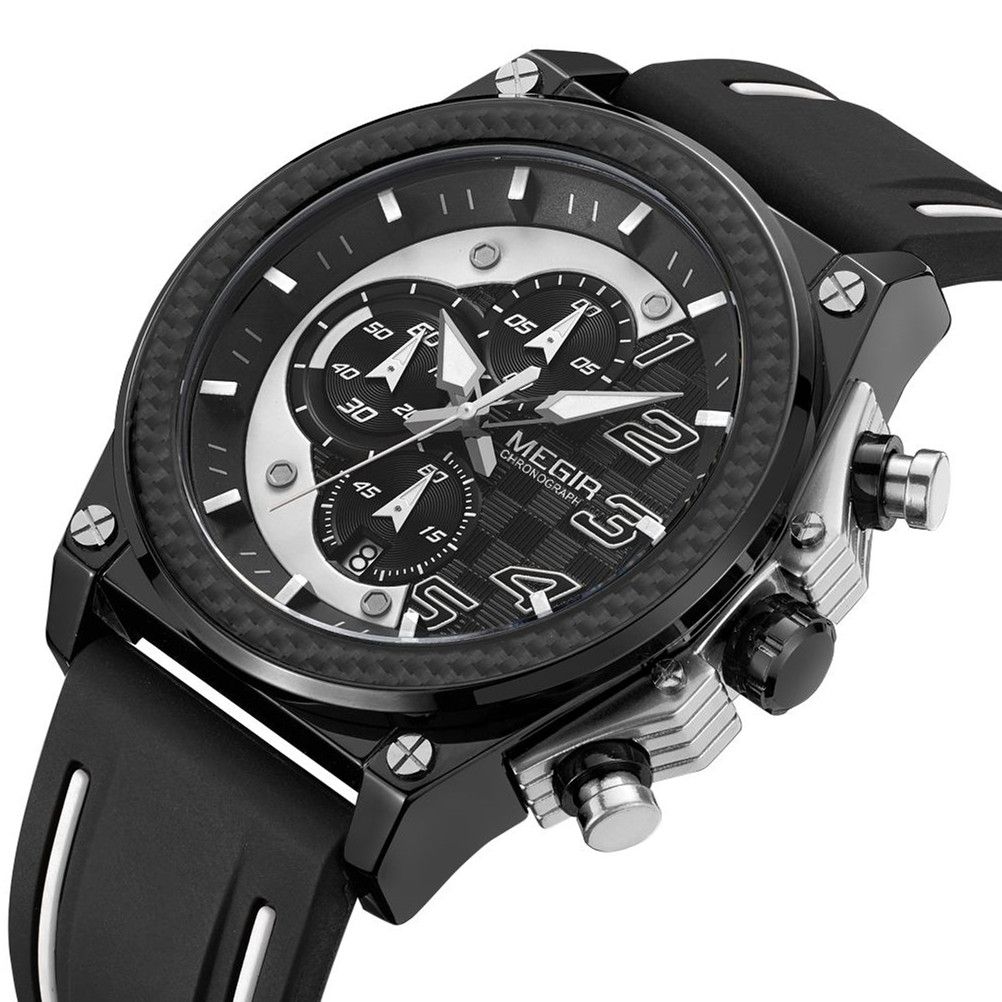 MEGIR 2051 men's chronograph watch, black case with white accents and black and white silicone strap, angled view