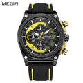MEGIR 2051 men's chronograph watch, black case with yellow accents and black and yellow silicone strap, front view