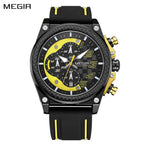 MEGIR 2051 men's chronograph watch, black case with yellow accents and black and yellow silicone strap, front view