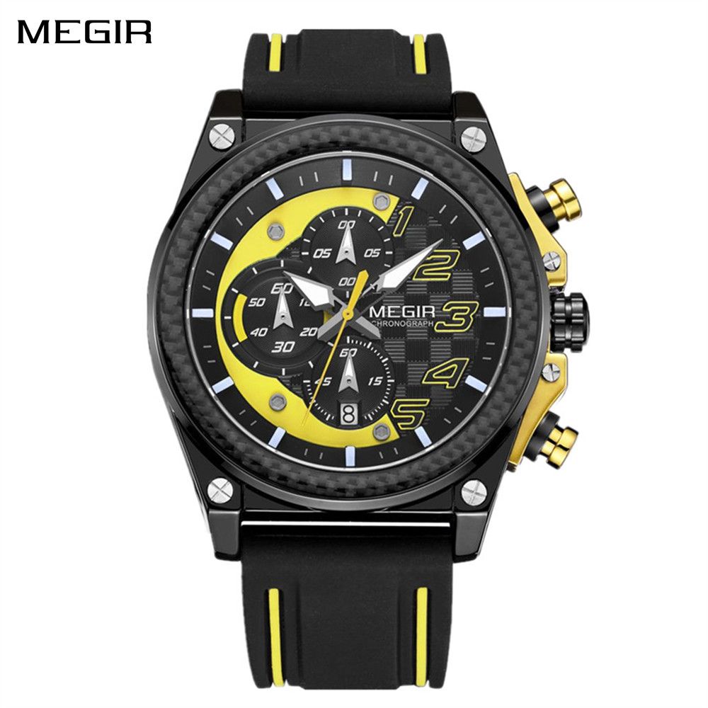 MEGIR 2051 men's chronograph watch, black case with yellow accents and black and yellow silicone strap, front view