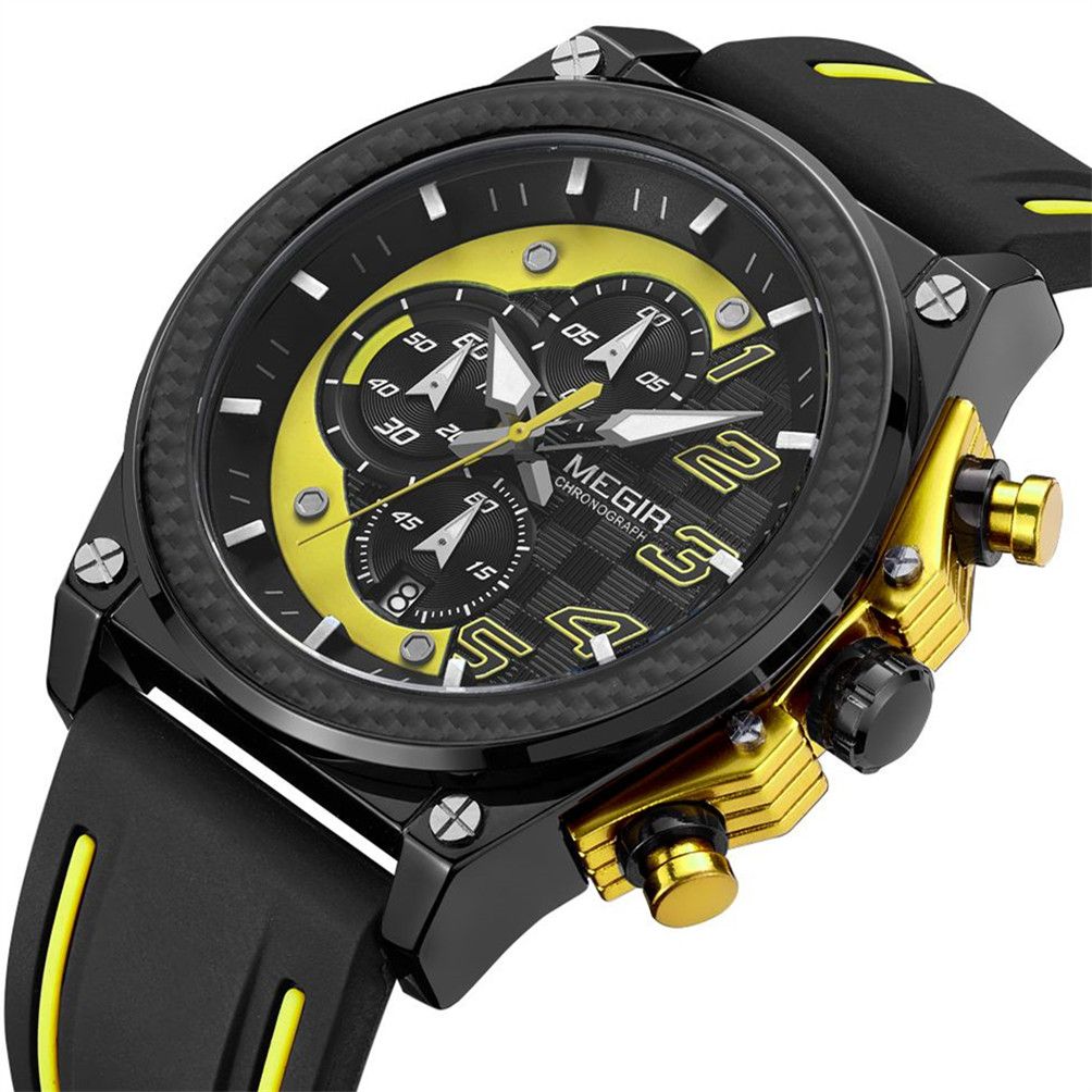 MEGIR 2051 men's chronograph watch, black case with yellow accents and black and yellow silicone strap, three-quarter view