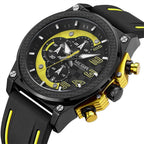 MEGIR 2051 men's chronograph watch, black case with yellow accents and black and yellow silicone strap, three-quarter view