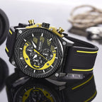 MEGIR 2051 men's chronograph watch, black case with yellow accents and black and yellow silicone strap, angled view