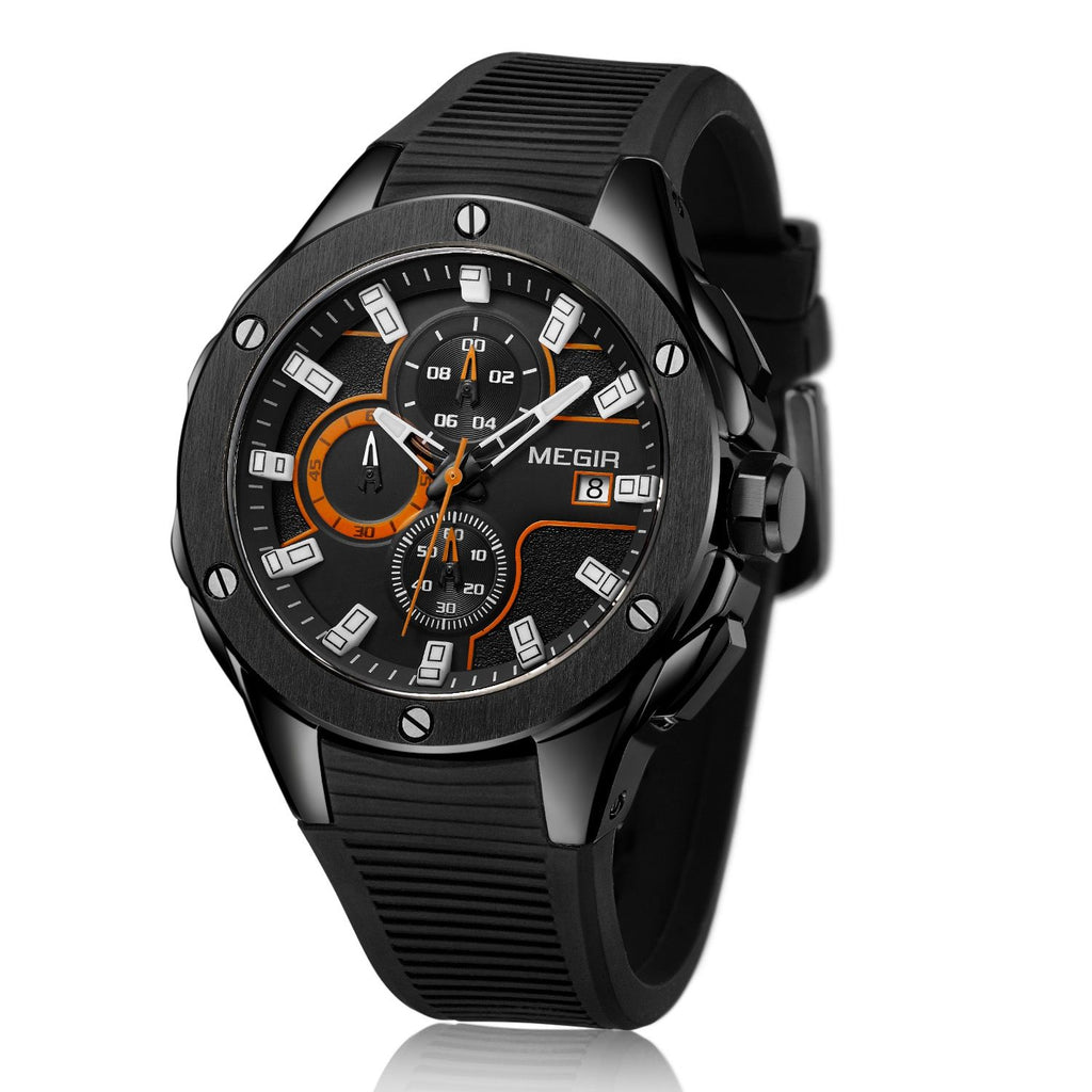 MEGIR 2053 men's chronograph watch, all-black case with black dial, orange accents and black silicone strap, angled view