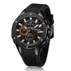 MEGIR 2053 men's chronograph watch, all-black case with black dial, orange accents and black silicone strap, angled view