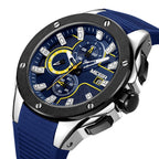 MEGIR 2053 men's chronograph watch, silver case with blue dial and blue silicone strap, three-quarter view