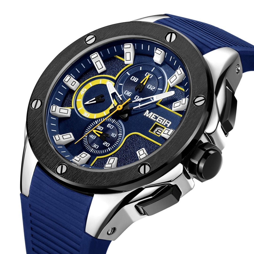 MEGIR 2053 men's chronograph watch, silver case with blue dial and blue silicone strap, three-quarter view