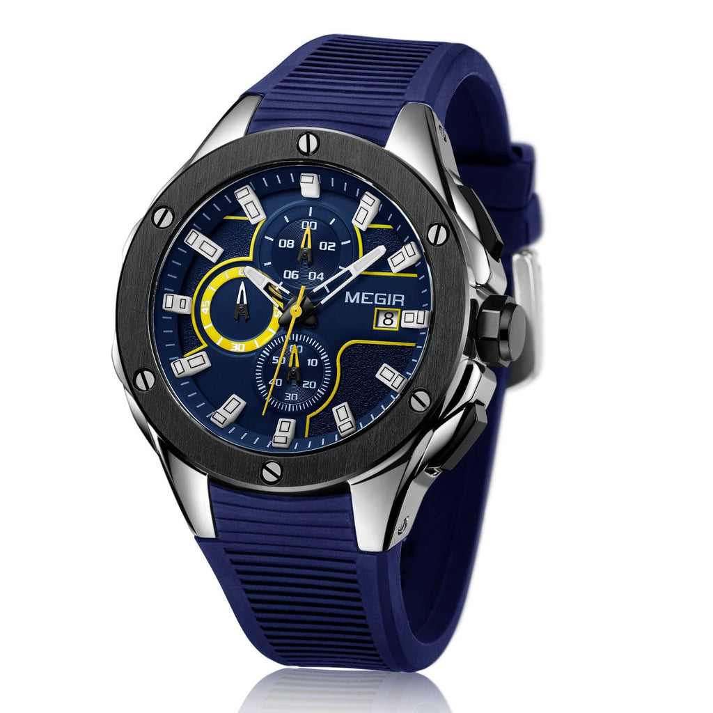 MEGIR 2053 men's chronograph watch, silver case with blue dial and blue silicone strap, front angle view