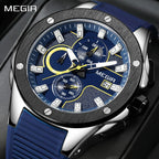MEGIR 2053 men's chronograph watch, silver case with blue dial and blue silicone strap, front studio view