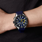 MEGIR 2053 men's chronograph watch on the wrist, silver case with blue dial and blue silicone strap