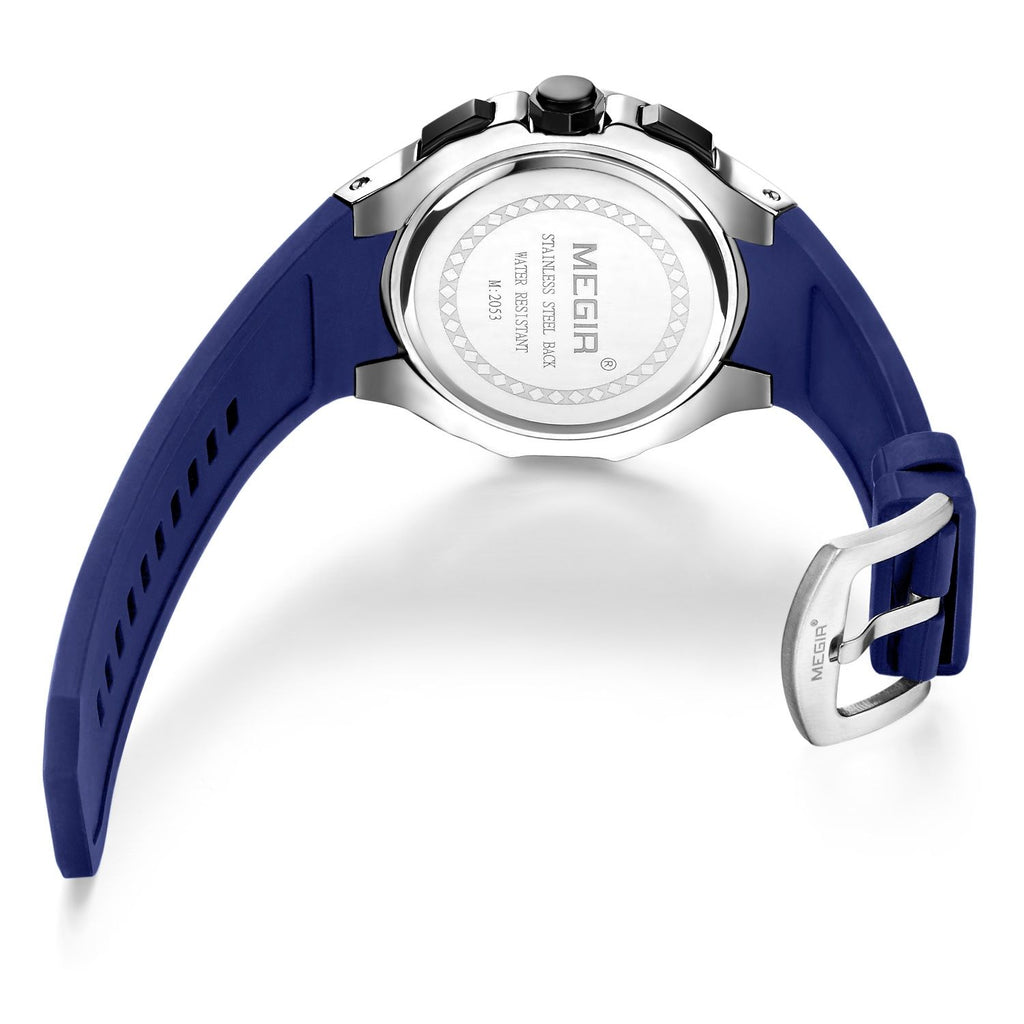 MEGIR 2053 men's chronograph watch caseback with engravings and blue silicone strap with buckle
