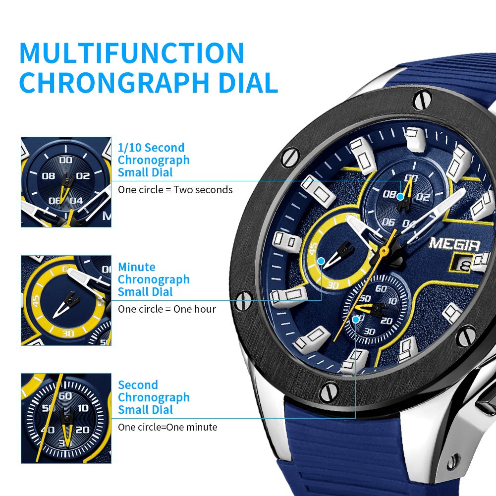 MEGIR 2053 men's chronograph watch feature graphic explaining the 1/10-second, minute and second sub-dials