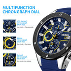 MEGIR 2053 men's chronograph watch feature graphic explaining the 1/10-second, minute and second sub-dials
