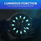 MEGIR 2053 men's chronograph watch feature graphic showing luminous hands and markers glowing in the dark
