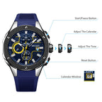 MEGIR 2053 men's chronograph watch operation graphic showing the start, calendar, time and reset buttons