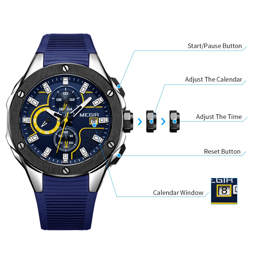 MEGIR 2053 men's chronograph watch operation graphic showing the start, calendar, time and reset buttons