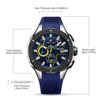 MEGIR 2053 men's chronograph watch parameters graphic with case diameter, thickness and band length