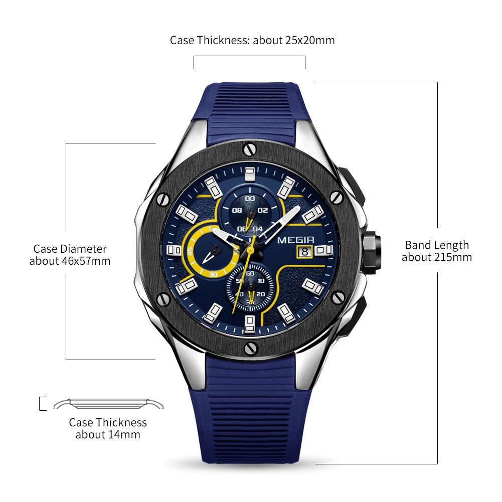 MEGIR 2053 men's chronograph watch parameters graphic with case diameter, thickness and band length