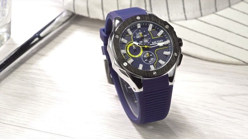MEGIR 2053 men's chronograph watch product video thumbnail, silver case with blue dial on a desk