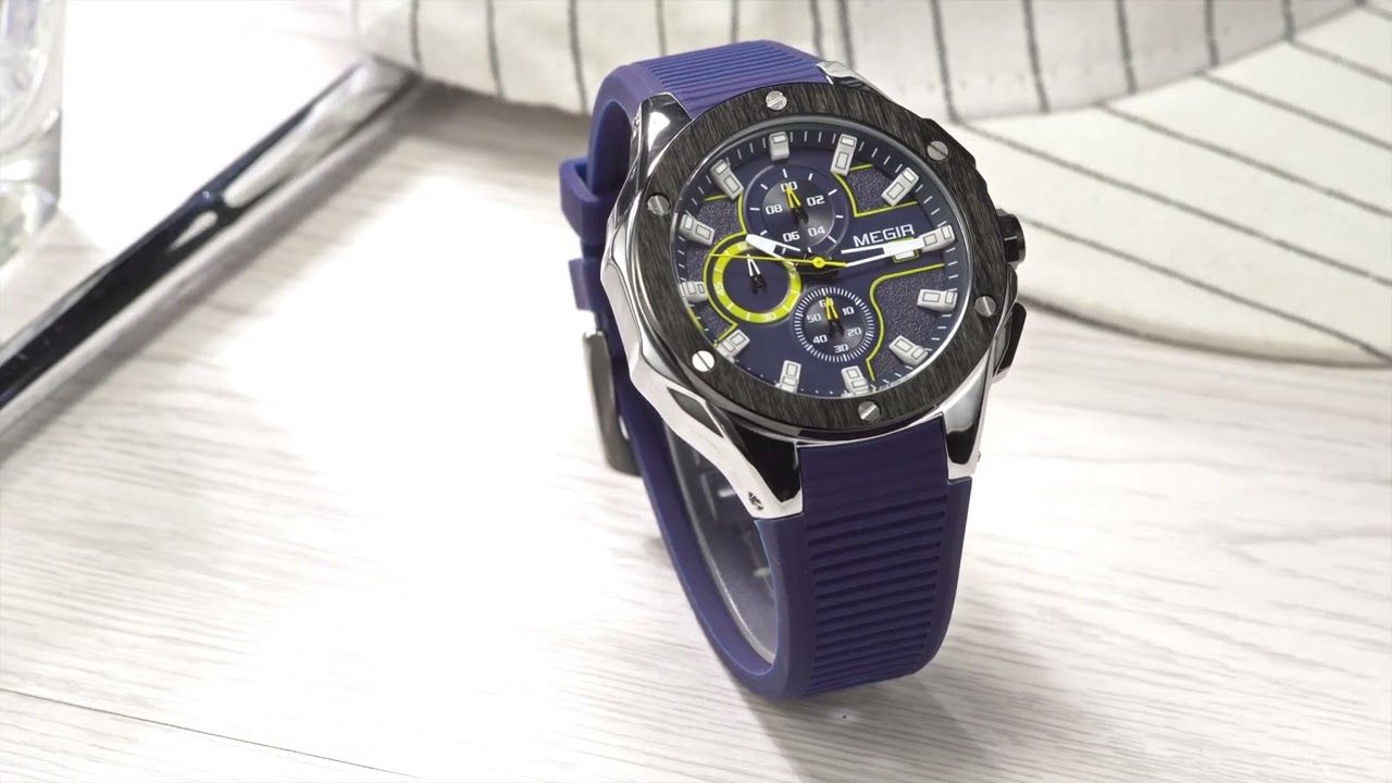MEGIR 2053 men's chronograph watch product video thumbnail, silver case with blue dial on a desk