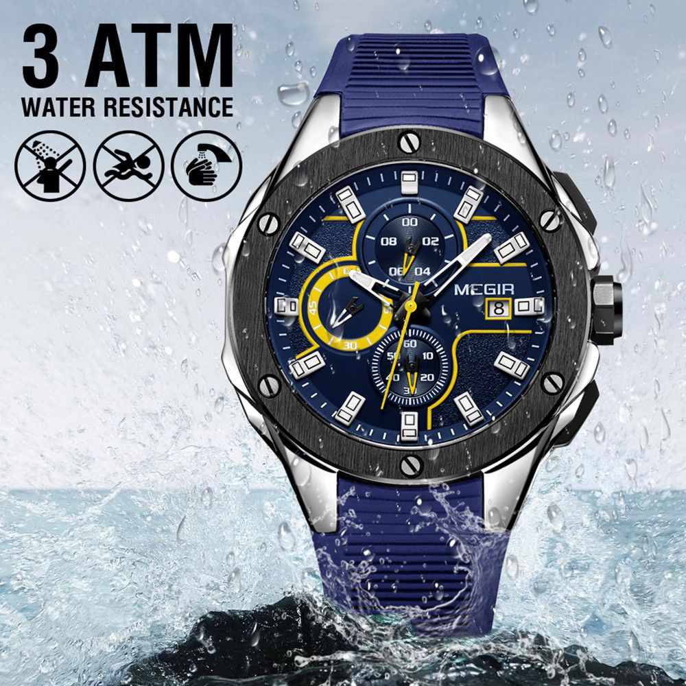 MEGIR 2053 men's chronograph watch water-resistance graphic noting no swimming or showering