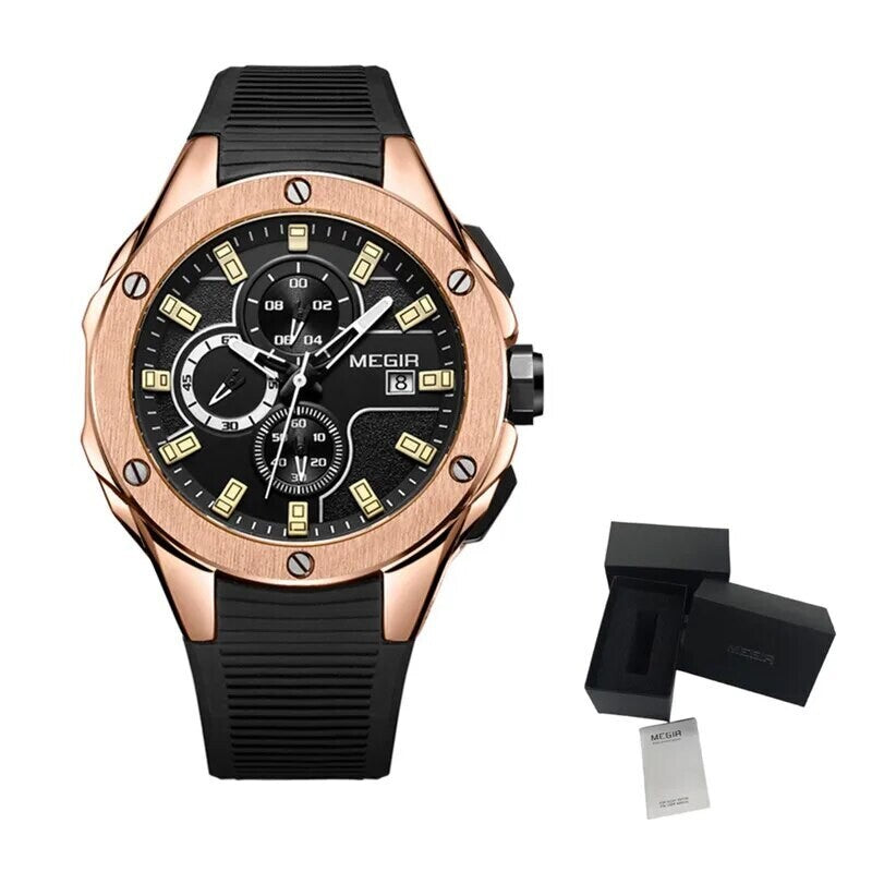 MEGIR 2053 men's chronograph watch, rose-gold case with black dial and black silicone strap, with gift box