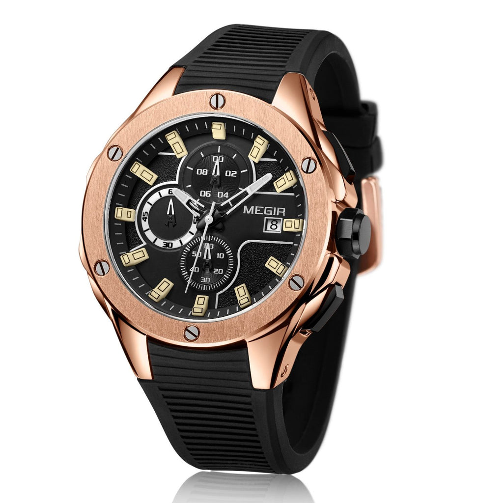 MEGIR 2053 men's chronograph watch, rose-gold case with black dial and black silicone strap, angled view