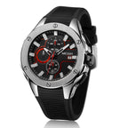 MEGIR 2053 men's chronograph watch, silver case with black dial, red accents and black silicone strap, angled view